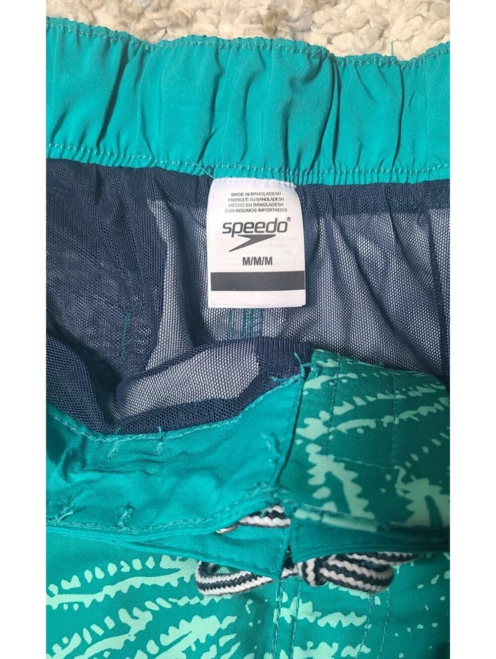 NWT Speedo Men's Medium Teal Swim Trunks with Firework Pattern, UPF 50+